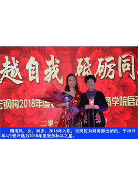 隋海风，，，，，女，，，，，38岁，，，，，2016年入职，，，，，现岗位为财务部出纳员，，，，，于2019年4月被评选为2018年度效劳标
